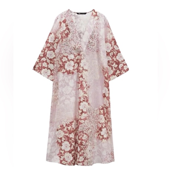 Zara Floral Printed Linen Blend Midi Tunic/Caftan Summer Dress in Sz S - Picture 3 of 8